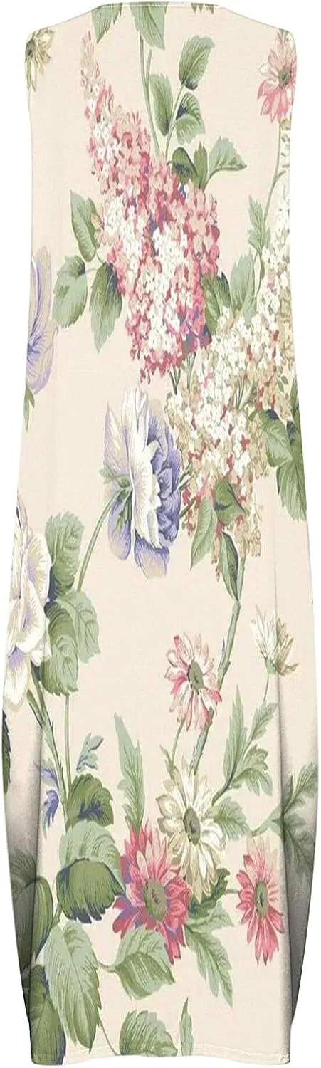 Womens Casual Loose Printed Tank Dress Summer Beach V-Neck Pocket Sundress Sleeveless Floor Length Dresses