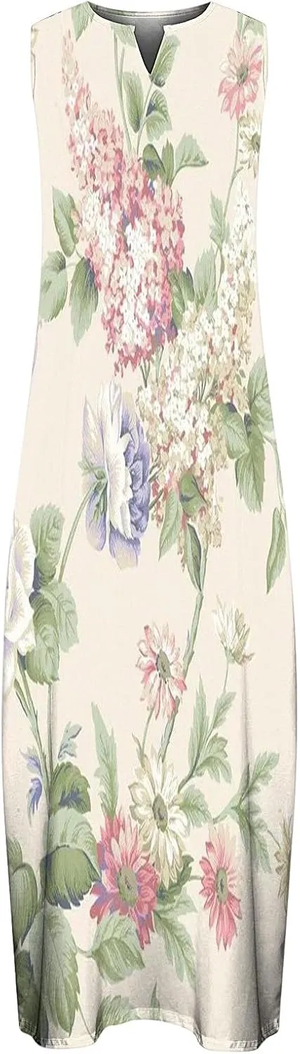 Womens Casual Loose Printed Tank Dress Summer Beach V-Neck Pocket Sundress Sleeveless Floor Length Dresses