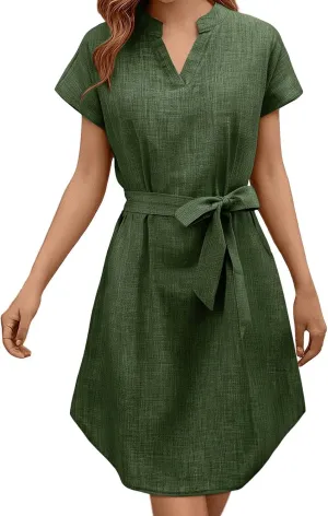 Womens Casual Mini Dresses Solid V Neck Short Sleeve Shirt Belted Dress Irregular Hem Sundress Spring Summer 2025