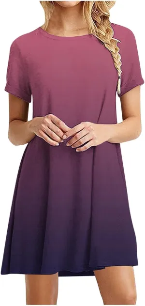 Womens Casual Short Sleeve Dress Summer Plus Size Loose Fit T-Shirt Sundress Gradient Color Swing Dresses