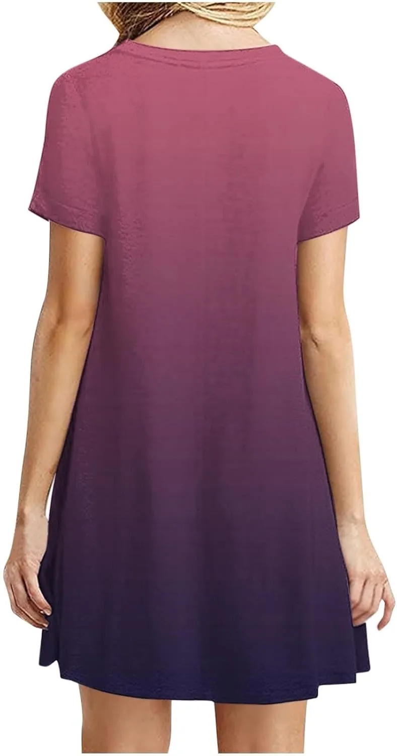 Womens Casual Short Sleeve Dress Summer Plus Size Loose Fit T-Shirt Sundress Gradient Color Swing Dresses