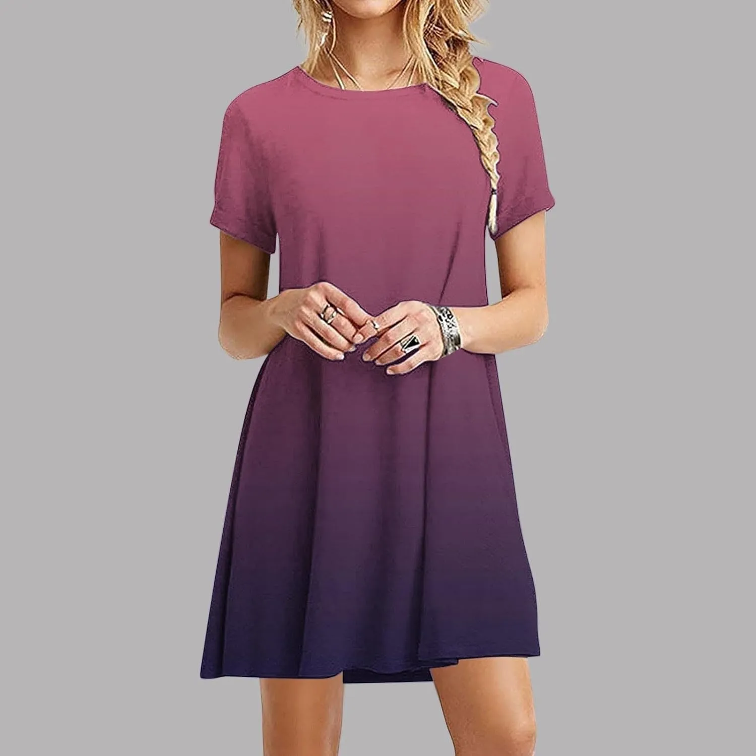 Womens Casual Short Sleeve Dress Summer Plus Size Loose Fit T-Shirt Sundress Gradient Color Swing Dresses
