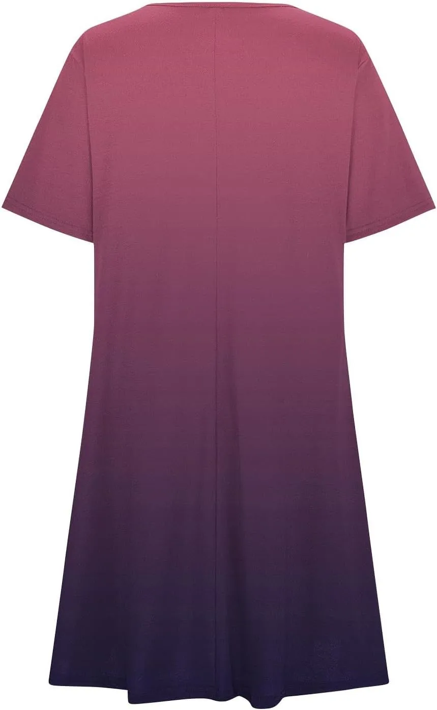Womens Casual Short Sleeve Dress Summer Plus Size Loose Fit T-Shirt Sundress Gradient Color Swing Dresses