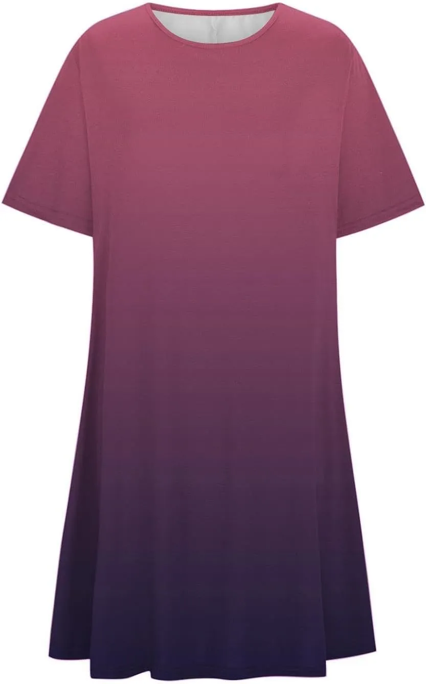 Womens Casual Short Sleeve Dress Summer Plus Size Loose Fit T-Shirt Sundress Gradient Color Swing Dresses