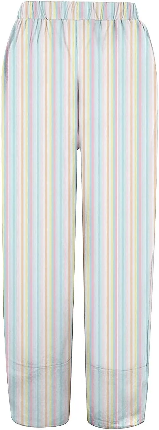 Women's Casual Striped Graphic Cotton Linen High Waisted Cropped Pants Summer Beach Boho Vacation Trendy Trousers