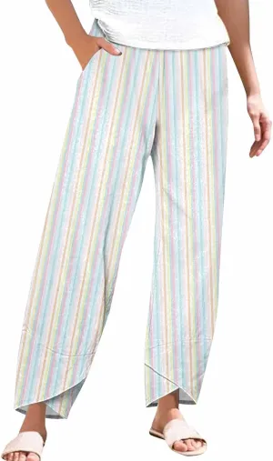 Women's Casual Striped Graphic Cotton Linen High Waisted Cropped Pants Summer Beach Boho Vacation Trendy Trousers