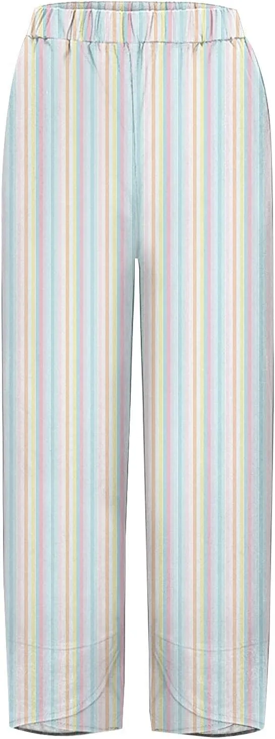 Women's Casual Striped Graphic Cotton Linen High Waisted Cropped Pants Summer Beach Boho Vacation Trendy Trousers