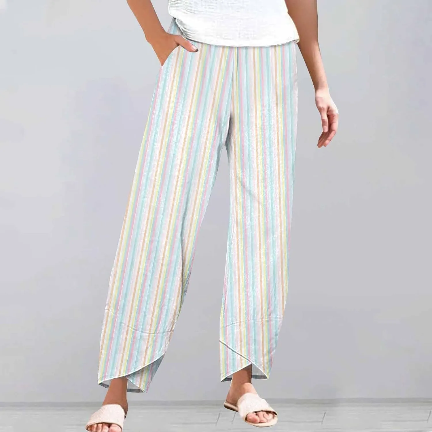 Women's Casual Striped Graphic Cotton Linen High Waisted Cropped Pants Summer Beach Boho Vacation Trendy Trousers