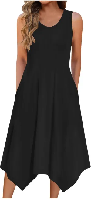 Womens Casual Summer Beach Sundresses Crewneck Sleeveless Flowy Tank Dress Aesthetic Vacation Irregular Dress Pockets
