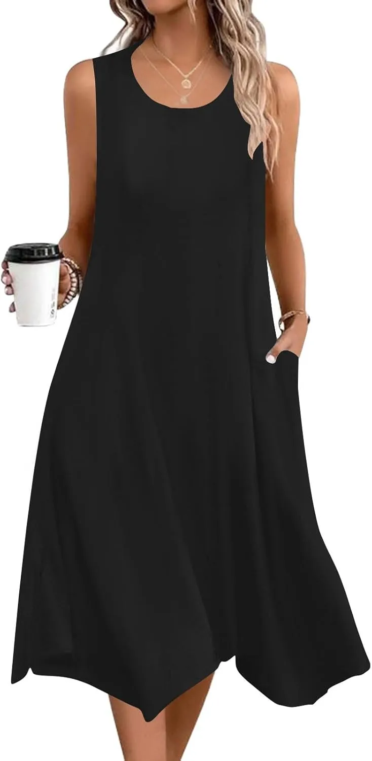 Womens Casual Summer Beach Sundresses Crewneck Sleeveless Flowy Tank Dress Aesthetic Vacation Irregular Dress Pockets