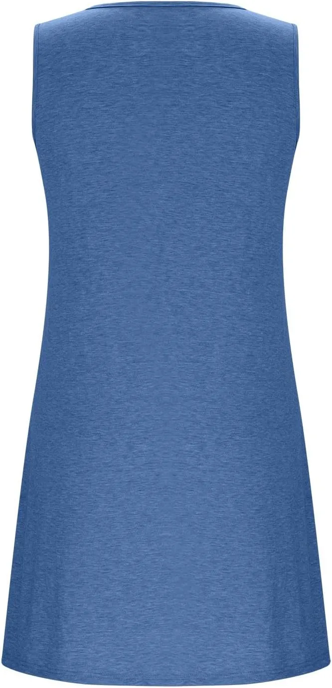 Womens Casual Summer Dresses 2025 Vacation Loose Fit Mini Dress Sleeveless Crewneck Boho Beach Sundress with Pocket