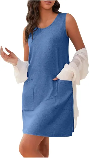 Womens Casual Summer Dresses 2025 Vacation Loose Fit Mini Dress Sleeveless Crewneck Boho Beach Sundress with Pocket