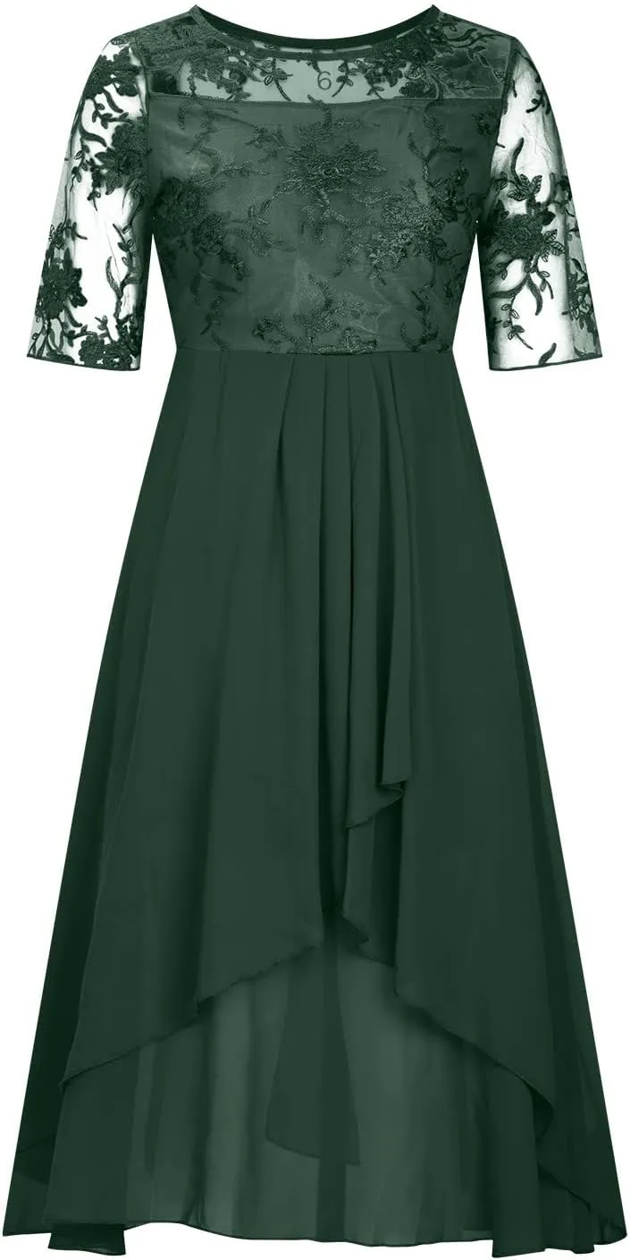 Women's Chiffon Lace Mesh Patchwork Empire Waist Dresses Summer Half Sleeve Pleated Fashion Flwoy A-Line Midi Dress