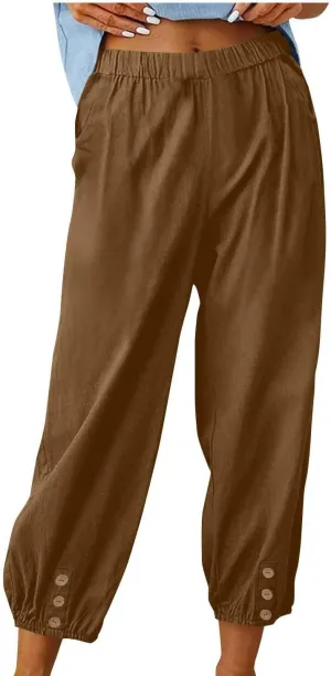 Women's Cotton Linen Capri Pants High Waist Cropped Drawstring Cinch Bottoms Summer Casual Pant Trouser with Pockets