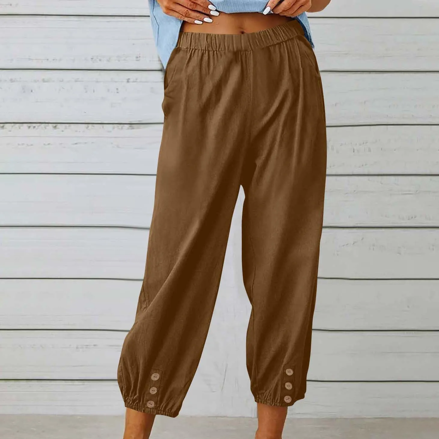 Women's Cotton Linen Capri Pants High Waist Cropped Drawstring Cinch Bottoms Summer Casual Pant Trouser with Pockets
