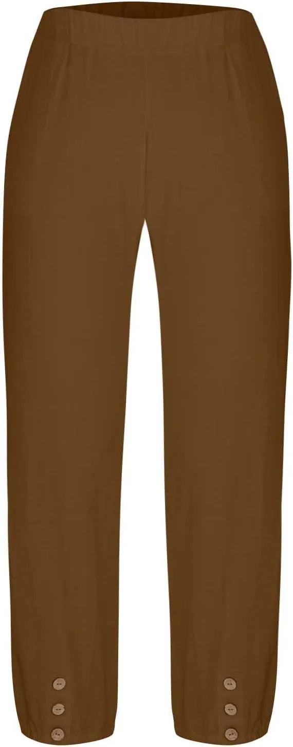 Women's Cotton Linen Capri Pants High Waist Cropped Drawstring Cinch Bottoms Summer Casual Pant Trouser with Pockets