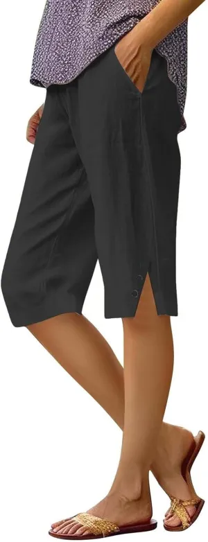 Womens Cotton Linen Capri Pants Summer Elastic Waist Plus Size Casual Pants Wide Leg Lightweight Capris with Pockets