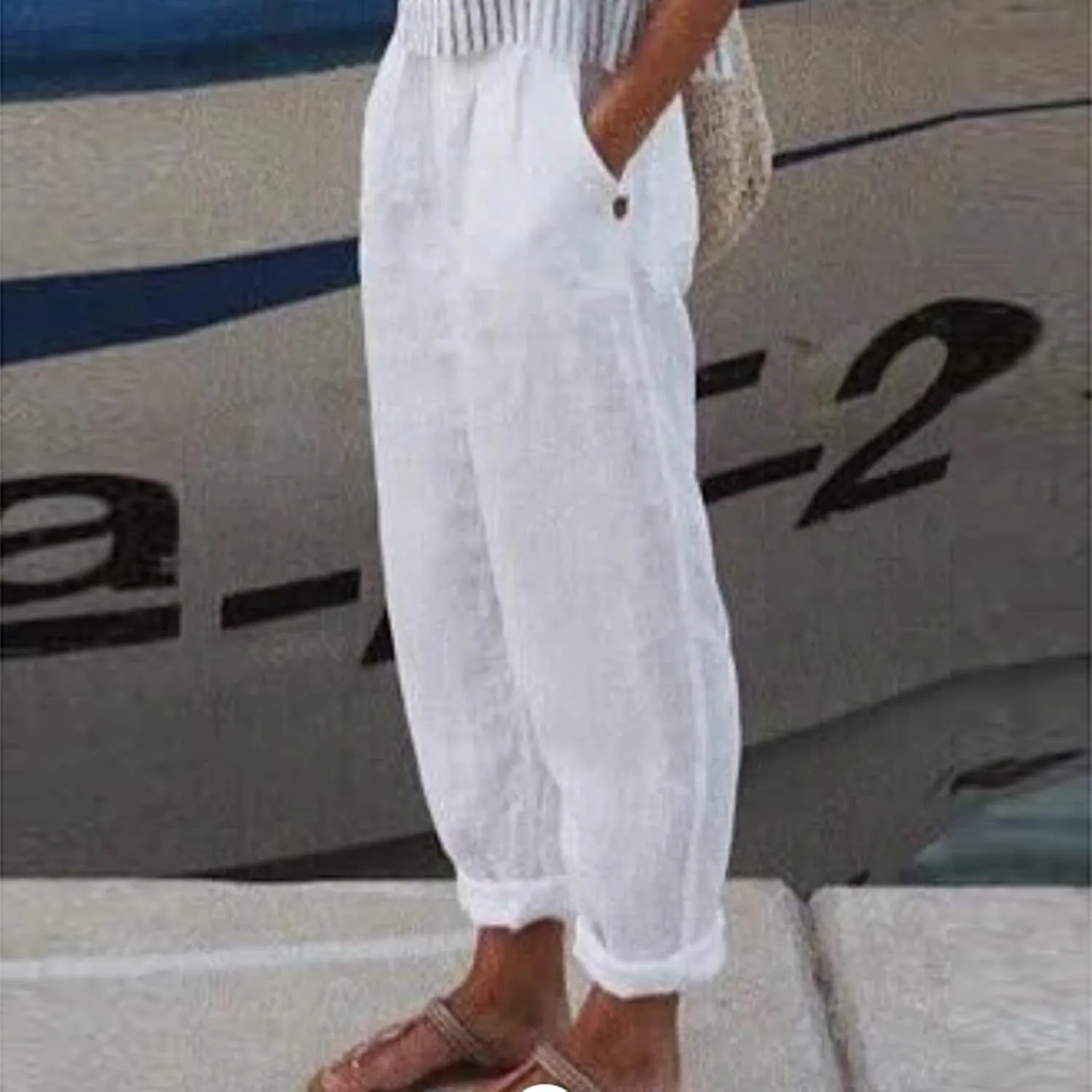 Women's Cotton Linen Casual Pants Summer High Waisted Baggy Beach Trousers with Pockets Plain Plus Size Cropped Slacks