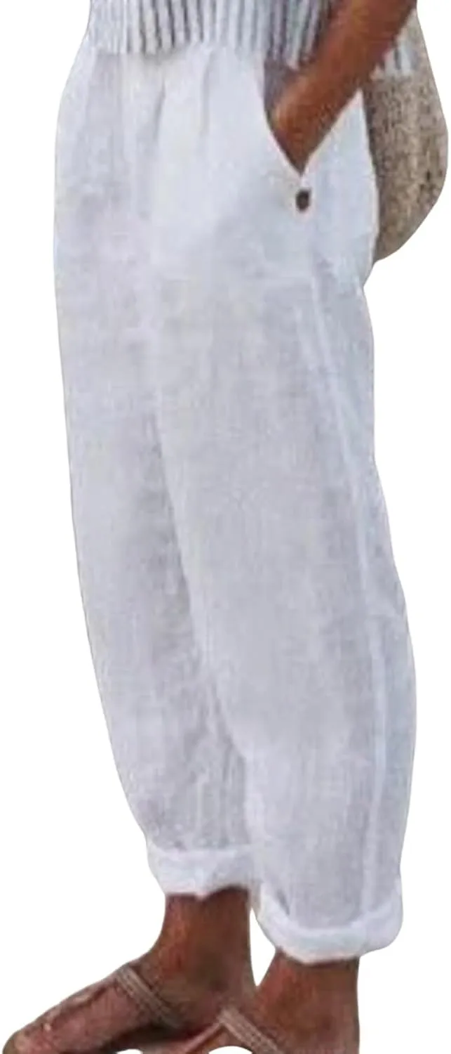 Women's Cotton Linen Casual Pants Summer High Waisted Baggy Beach Trousers with Pockets Plain Plus Size Cropped Slacks