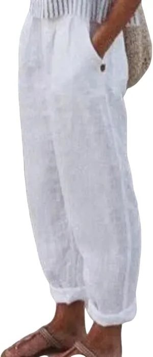 Women's Cotton Linen Casual Pants Summer High Waisted Baggy Beach Trousers with Pockets Plain Plus Size Cropped Slacks