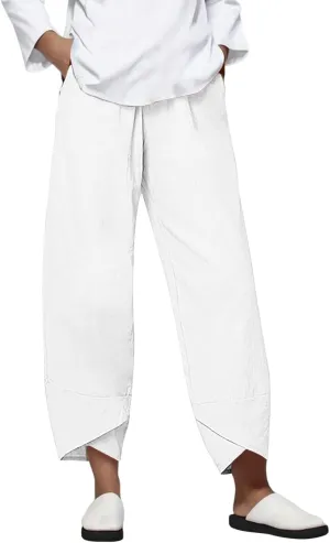 Womens Cotton Linen Casual Summer Capri Pants Printed Cropped Comfy Baggy Trousers with Pockets Palazzo Lounge Pants