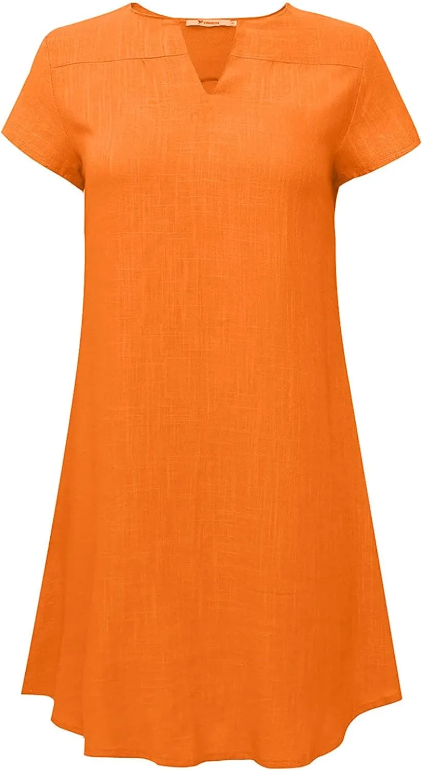 Women's Cotton Linen Midi Dress V Neck Short Sleeve Causal Loose Tshirt Dresses Summer Split 2025 Plus Size Dress
