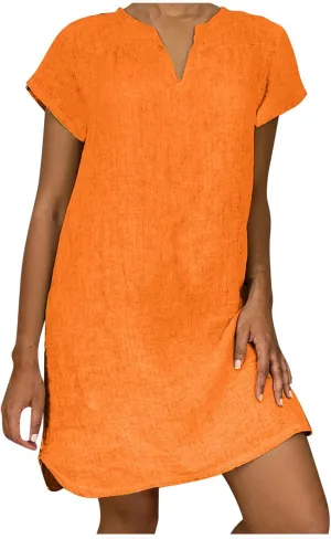 Women's Cotton Linen Midi Dress V Neck Short Sleeve Causal Loose Tshirt Dresses Summer Split 2025 Plus Size Dress