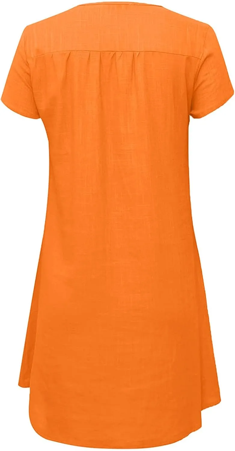 Women's Cotton Linen Midi Dress V Neck Short Sleeve Causal Loose Tshirt Dresses Summer Split 2025 Plus Size Dress