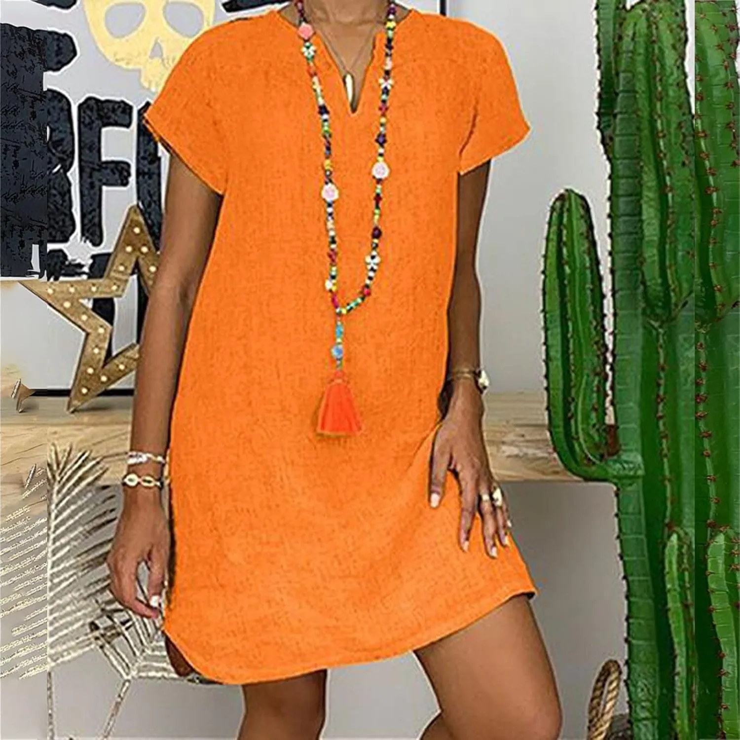 Women's Cotton Linen Midi Dress V Neck Short Sleeve Causal Loose Tshirt Dresses Summer Split 2025 Plus Size Dress