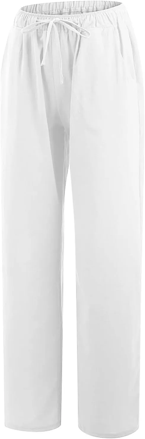 Women's Cotton Linen Palazzo Pants Drawstring Wide Leg Trousers High Waist Lightweight Pant Beach Vacation Clothes