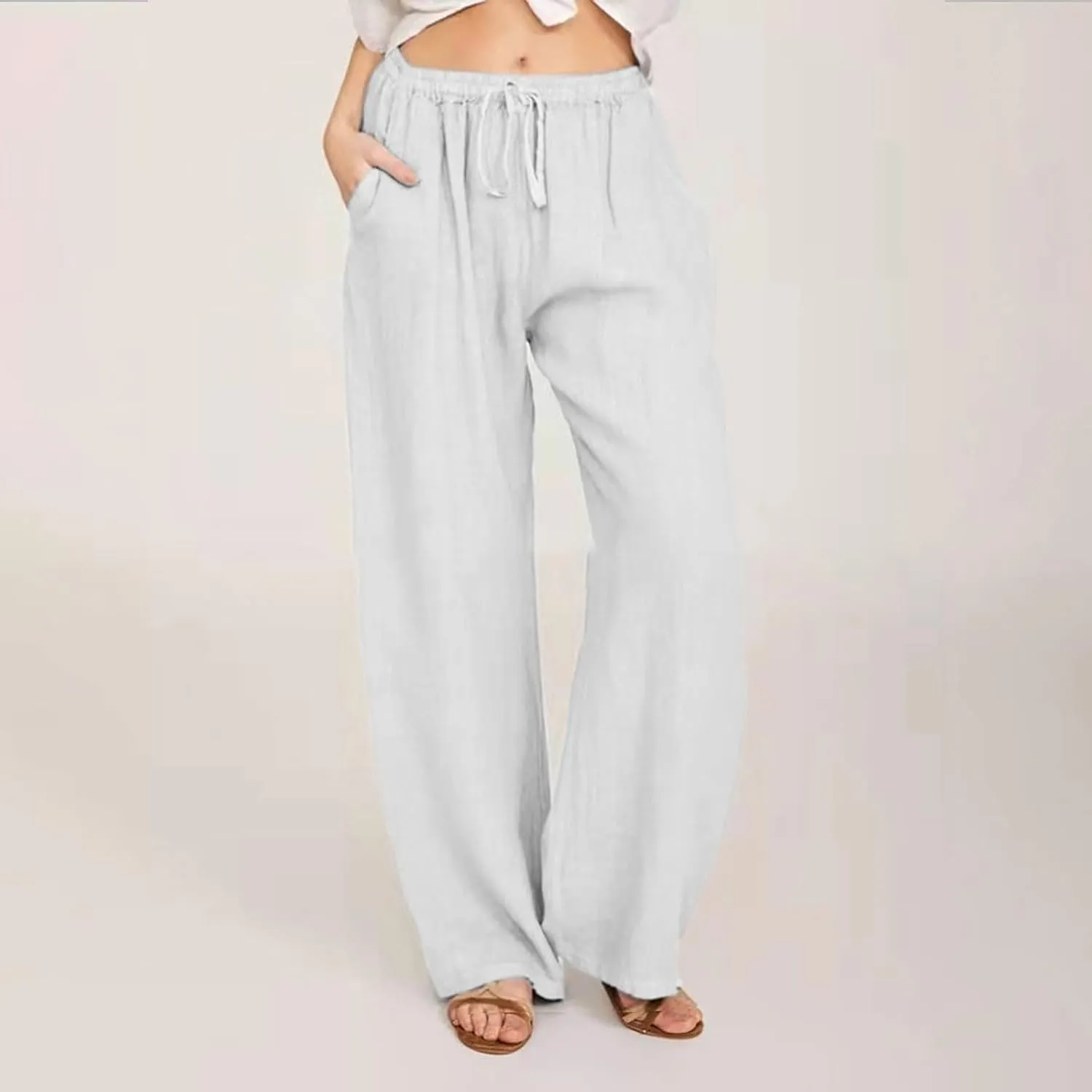 Women's Cotton Linen Palazzo Pants Drawstring Wide Leg Trousers High Waist Lightweight Pant Beach Vacation Clothes