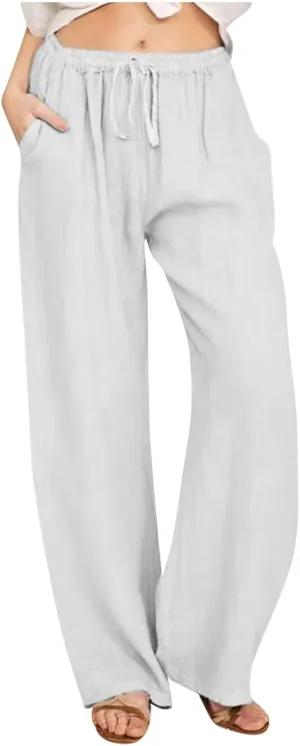 Women's Cotton Linen Palazzo Pants Drawstring Wide Leg Trousers High Waist Lightweight Pant Beach Vacation Clothes