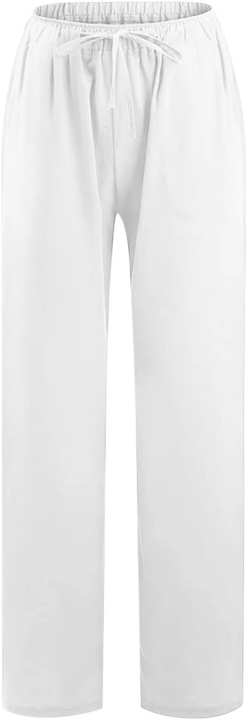 Women's Cotton Linen Palazzo Pants Drawstring Wide Leg Trousers High Waist Lightweight Pant Beach Vacation Clothes