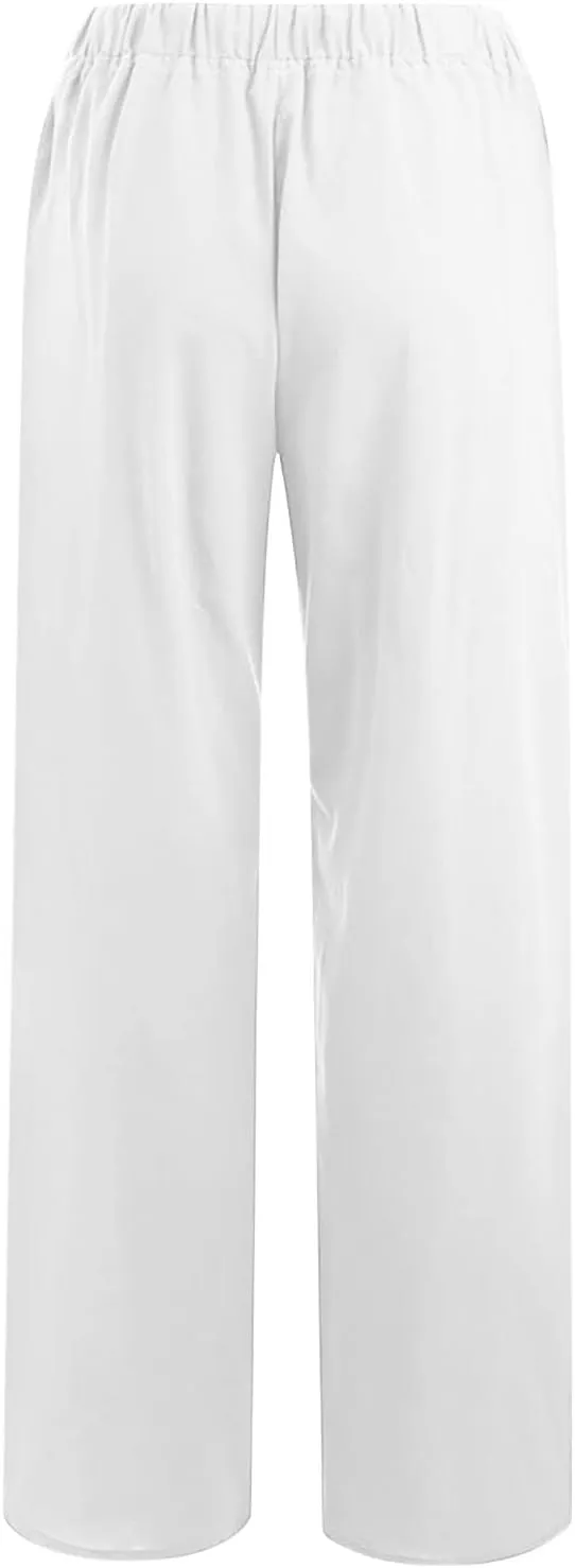 Women's Cotton Linen Palazzo Pants Drawstring Wide Leg Trousers High Waist Lightweight Pant Beach Vacation Clothes