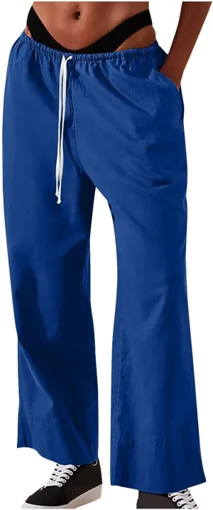 Womens Cotton Linen Pants 2025 Summer Wide Leg Casual Loose Drawstring High Waist Pants Trousers with Pocket