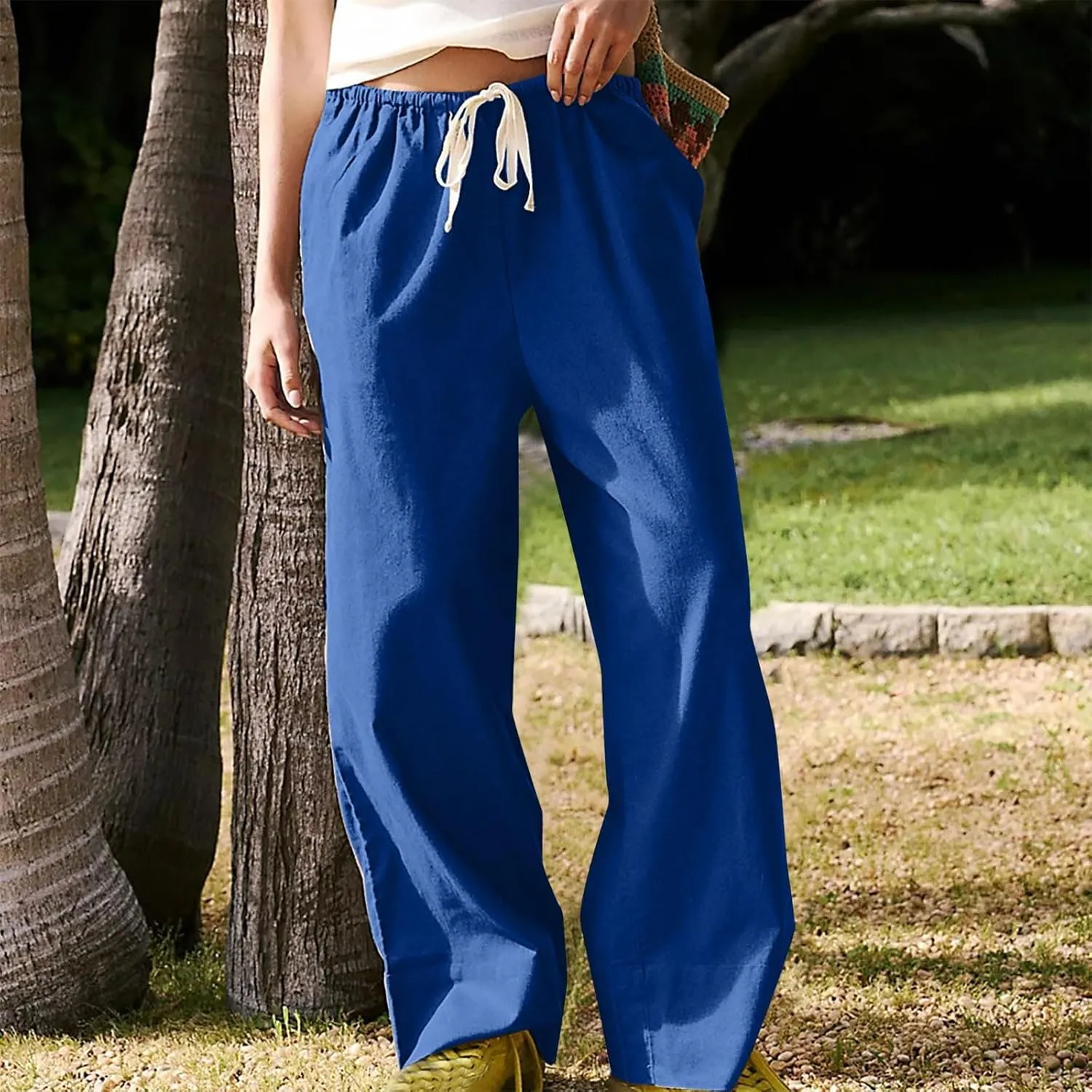 Womens Cotton Linen Pants 2025 Summer Wide Leg Casual Loose Drawstring High Waist Pants Trousers with Pocket