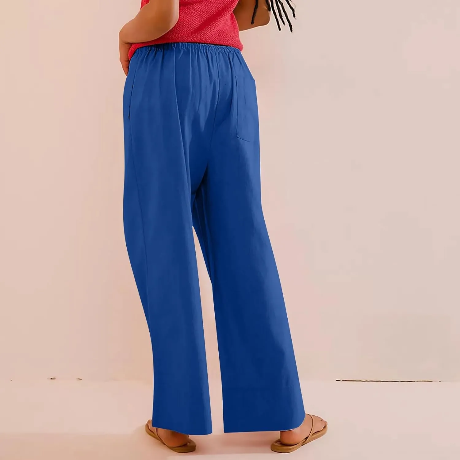 Womens Cotton Linen Pants 2025 Summer Wide Leg Casual Loose Drawstring High Waist Pants Trousers with Pocket