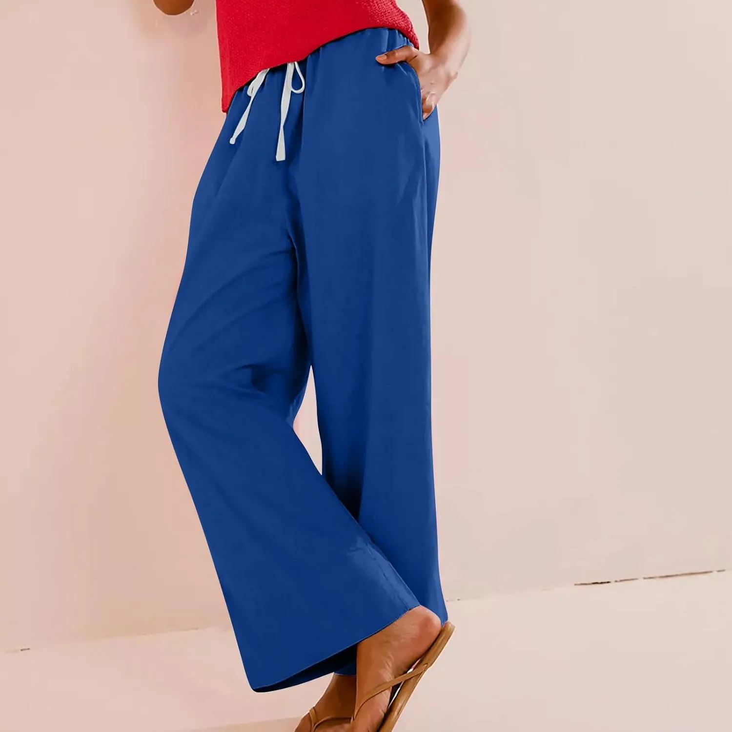 Womens Cotton Linen Pants 2025 Summer Wide Leg Casual Loose Drawstring High Waist Pants Trousers with Pocket