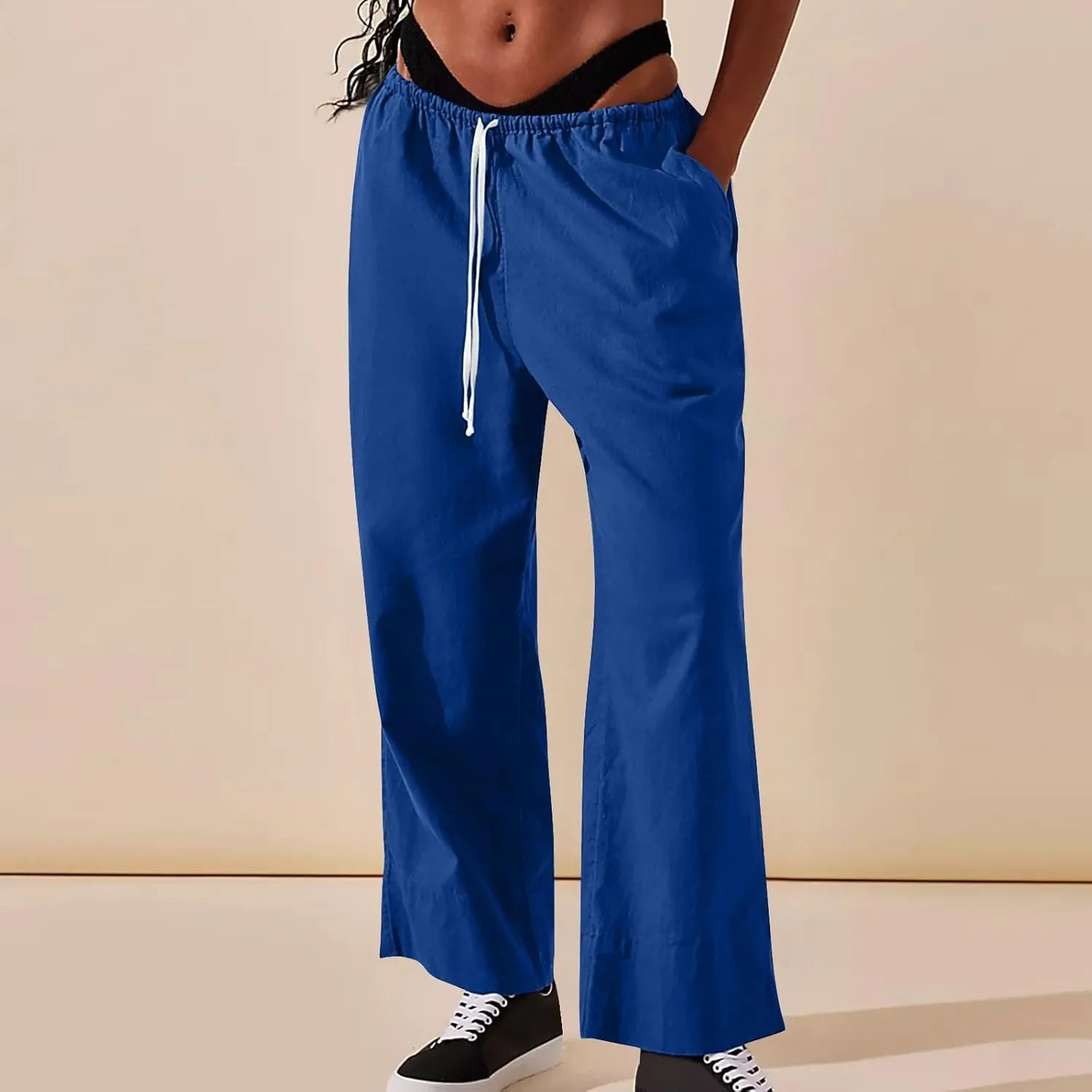 Womens Cotton Linen Pants 2025 Summer Wide Leg Casual Loose Drawstring High Waist Pants Trousers with Pocket