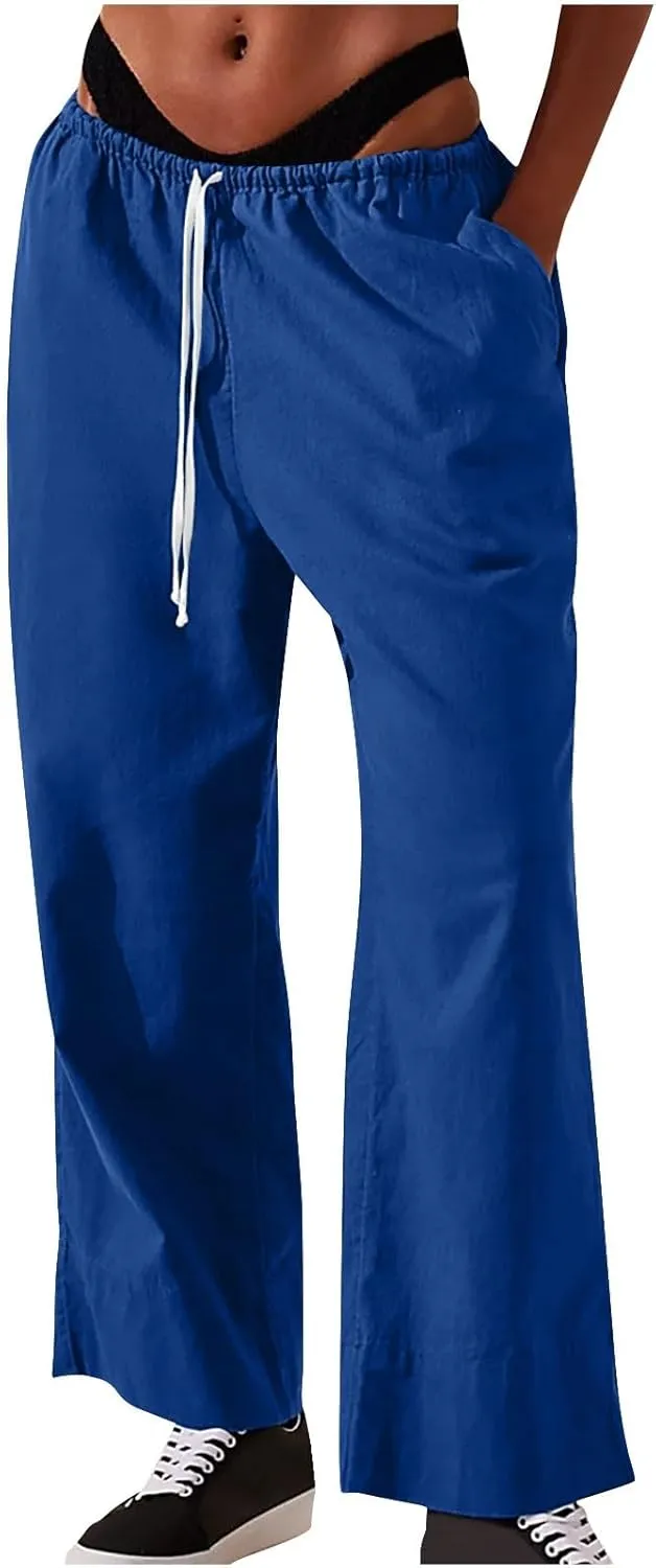 Womens Cotton Linen Pants 2025 Summer Wide Leg Casual Loose Drawstring High Waist Pants Trousers with Pocket