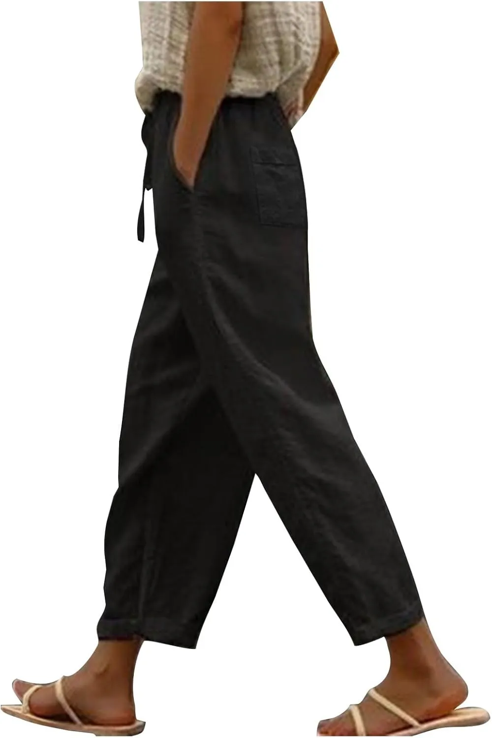 Womens Cotton Linen Pants 2025 Summer Wide Leg Casual Loose Pants with Pocket Drawstring High Waist Palazzo Trousers