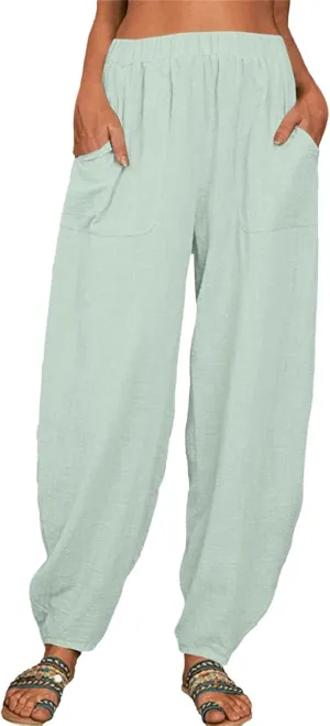 Womens Cotton Linen Pants Drawstring Elastic Waist Wide Leg Loose Fit Summer Trouser Palazzo Pant Women with Pockets