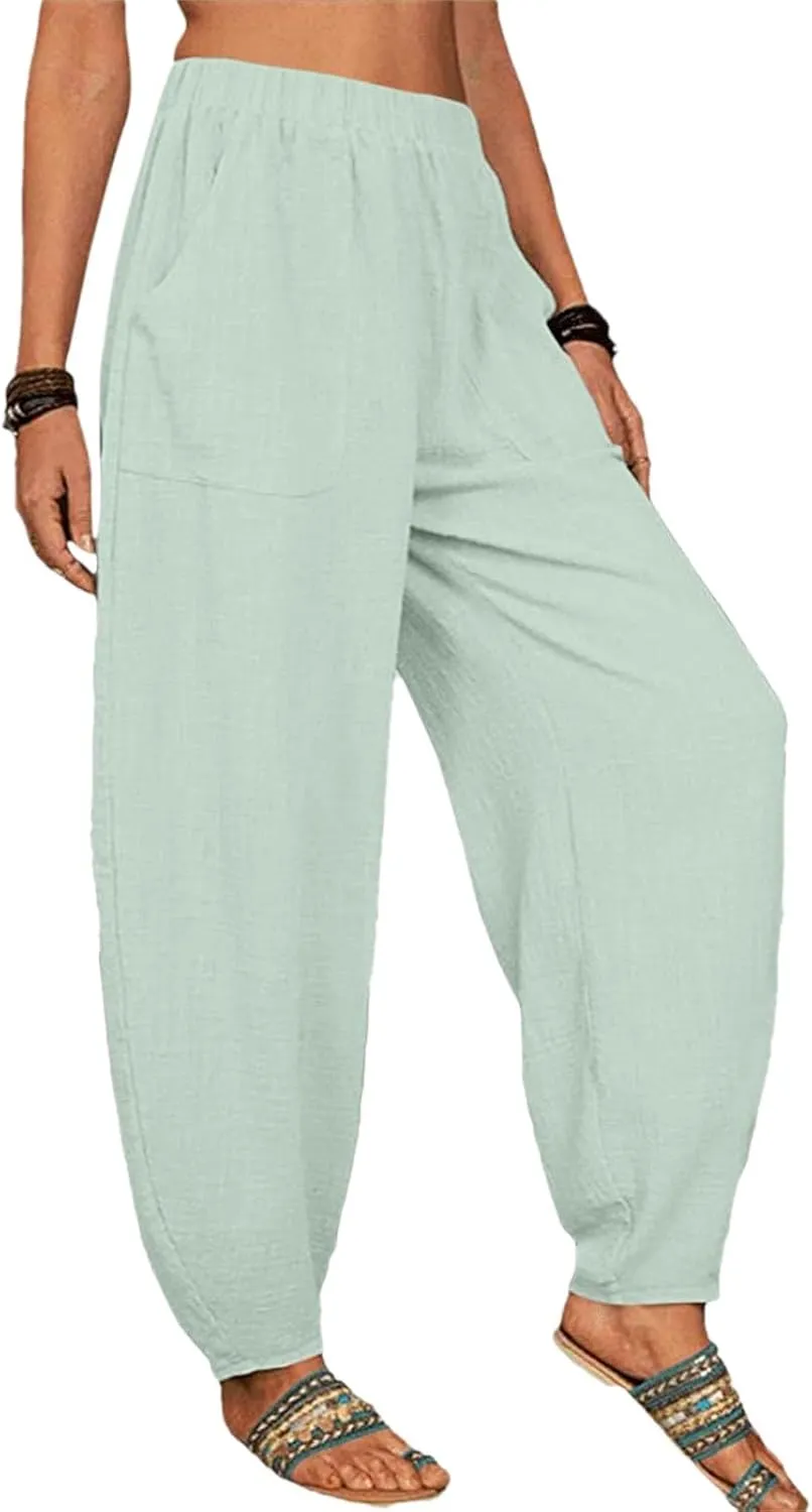 Womens Cotton Linen Pants Drawstring Elastic Waist Wide Leg Loose Fit Summer Trouser Palazzo Pant Women with Pockets