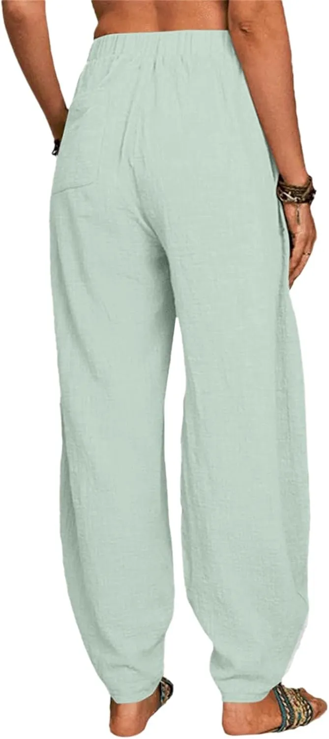 Womens Cotton Linen Pants Drawstring Elastic Waist Wide Leg Loose Fit Summer Trouser Palazzo Pant Women with Pockets