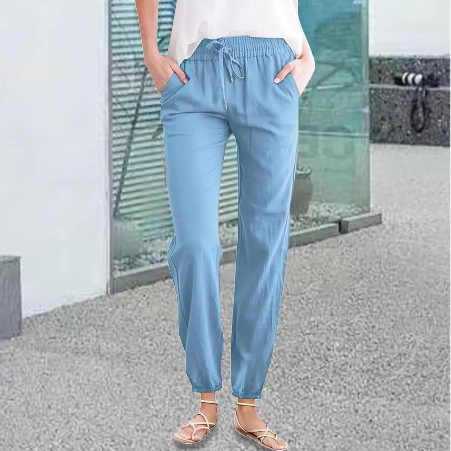 Women's Cotton Linen Pants High Waist Drawstring Elastic Pant Casual Slim Trousers with Pockets Summer Sweatpants