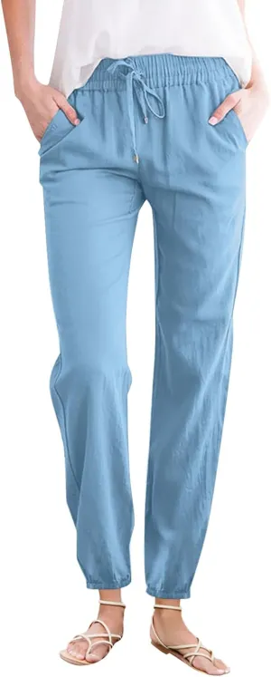 Women's Cotton Linen Pants High Waist Drawstring Elastic Pant Casual Slim Trousers with Pockets Summer Sweatpants