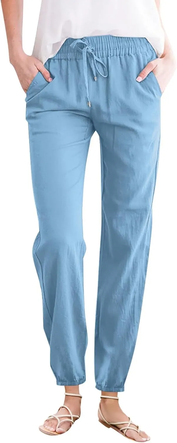 Women's Cotton Linen Pants High Waist Drawstring Elastic Pant Casual Slim Trousers with Pockets Summer Sweatpants