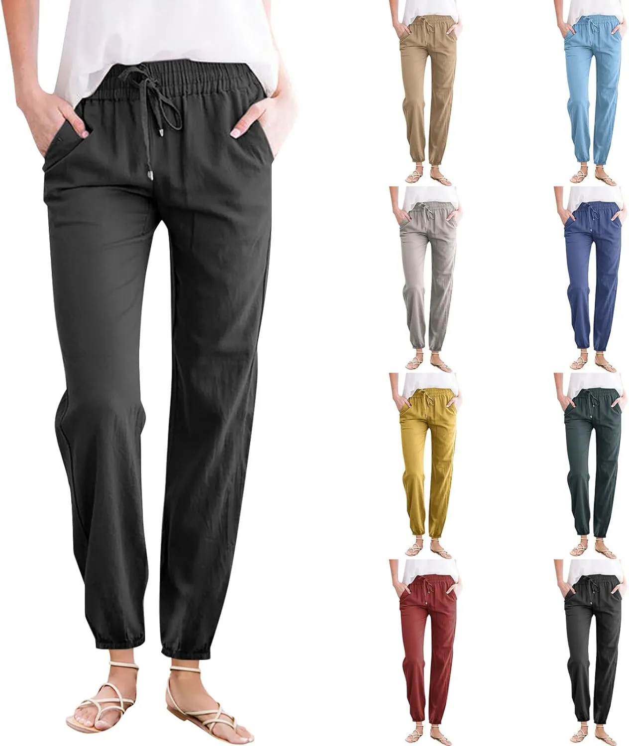 Women's Cotton Linen Pants High Waist Drawstring Elastic Pant Casual Slim Trousers with Pockets Summer Sweatpants