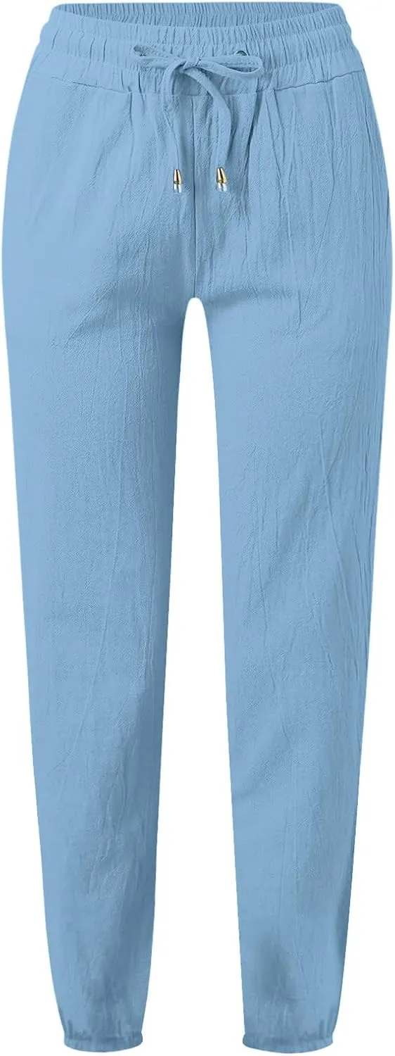 Women's Cotton Linen Pants High Waist Drawstring Elastic Pant Casual Slim Trousers with Pockets Summer Sweatpants