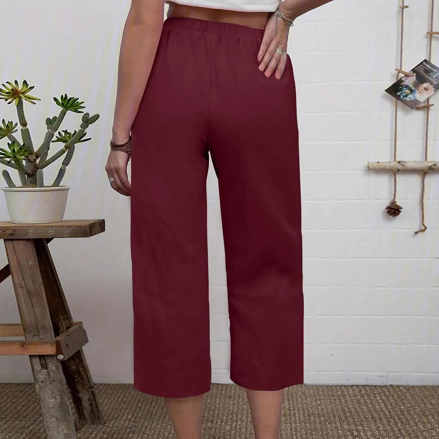 Womens Cotton Linen Pants High Waist Wide Leg Pant Dressy Casual Summer Resort Wear 2024 Loose Lounge Capri Trousers